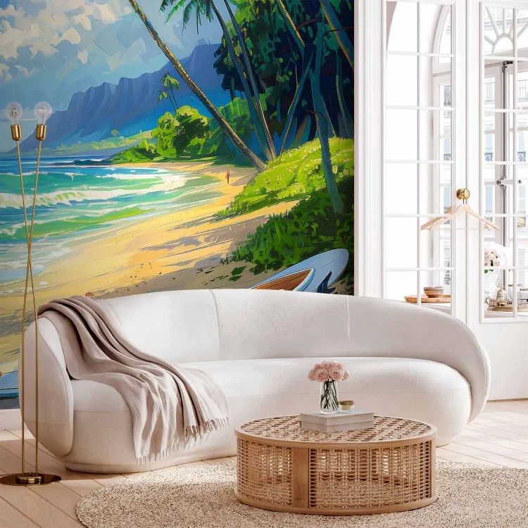 Tropical beach - waves, palm trees and a lone surf board