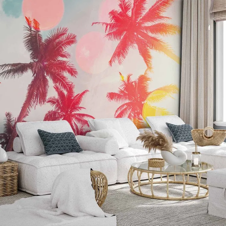 Sunny palm trees - tropical leaves, sky and lights