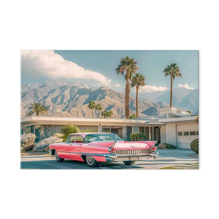 Retro Cadillac - classic car, mountains and palm trees in the background